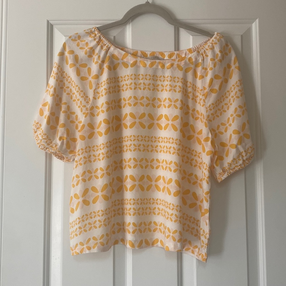 LOFT White and Yellow Patterned Puff Sleeve Blouse